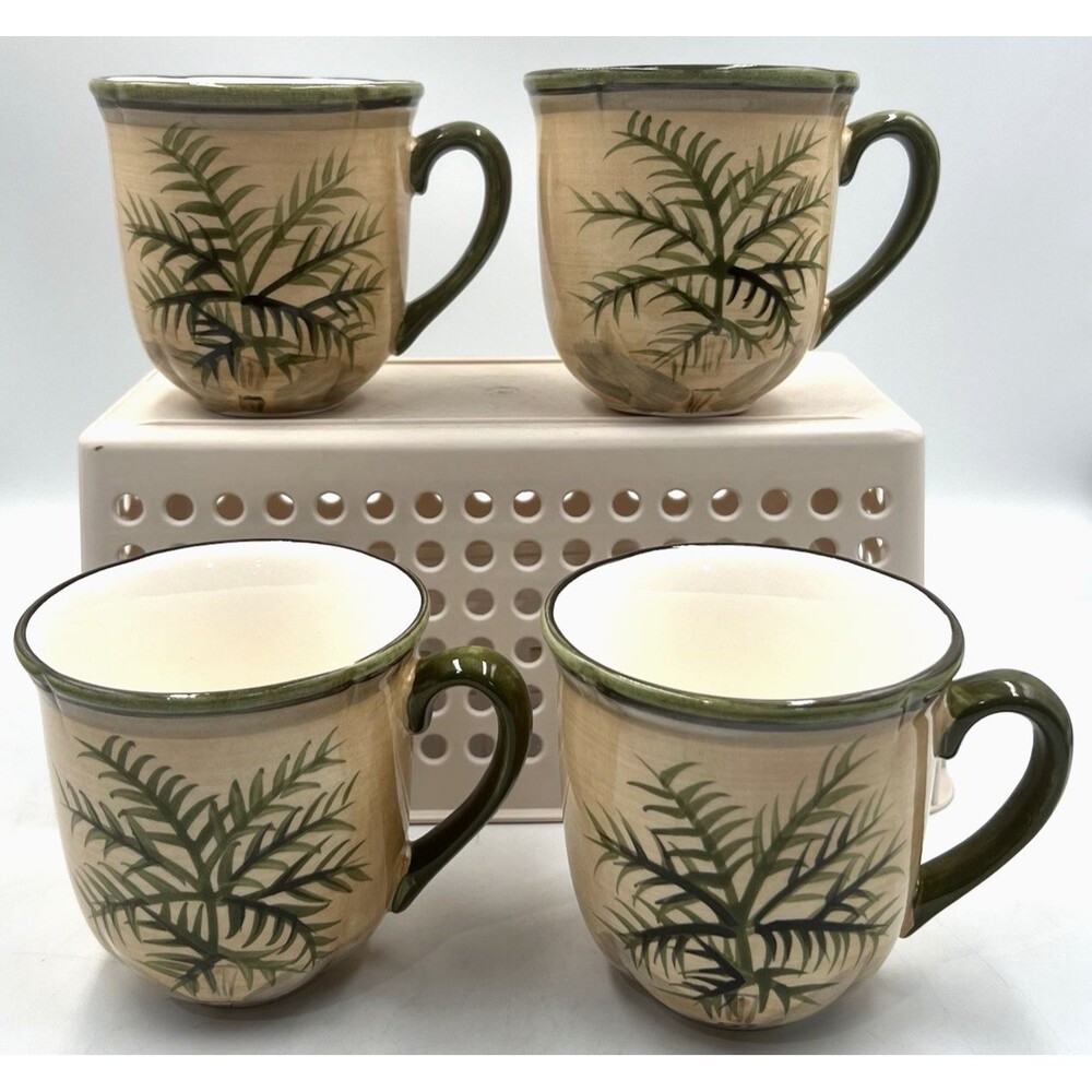 Set of 4 Coffee Mugs Sauvignon West Indies Palm Tree Green Tan Ceramic 12 oz